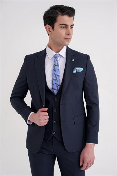 Slim Fit Mono Yaka Çift Yırtmaç Armürlü Esnek Yünlü Lacivert Yelekli Klasik Takım Elbise TK 933