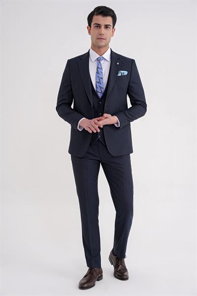Slim Fit Mono Yaka Çift Yırtmaç Armürlü Esnek Yünlü Lacivert Yelekli Klasik Takım Elbise TK 933