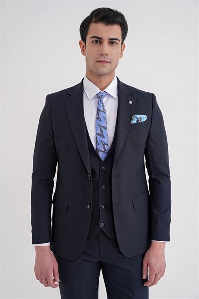 Slim Fit Mono Yaka Çift Yırtmaç Armürlü Esnek Yünlü Lacivert Yelekli Klasik Takım Elbise TK 933