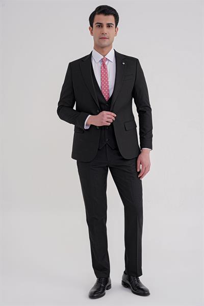 Slim Fit Mono Yaka Çift Yırtmaç Armürlü Esnek Yünlü Siyah Yelekli Klasik Takım Elbise TK 933