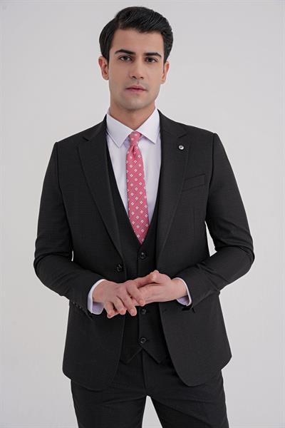 Slim Fit Mono Yaka Çift Yırtmaç Armürlü Esnek Yünlü Siyah Yelekli Klasik Takım Elbise TK 933