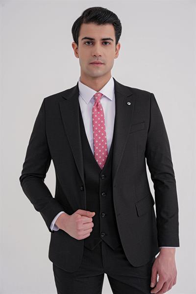 Slim Fit Mono Yaka Çift Yırtmaç Armürlü Esnek Yünlü Siyah Yelekli Klasik Takım Elbise TK 933