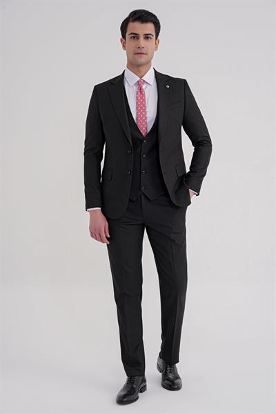 Slim Fit Mono Yaka Çift Yırtmaç Armürlü Esnek Yünlü Siyah Yelekli Klasik Takım Elbise TK 933