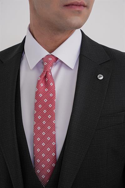 Slim Fit Mono Yaka Çift Yırtmaç Armürlü Esnek Yünlü Siyah Yelekli Klasik Takım Elbise TK 933