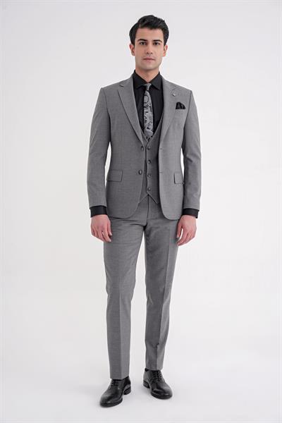 Slim Fit Çift Yırtmaç Ekoseli Esnek Yünlü Yelekli Klasik Füme Takım Elbise TK 934