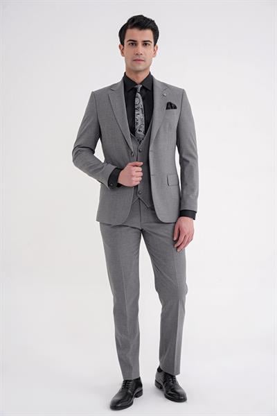Slim Fit Çift Yırtmaç Ekoseli Esnek Yünlü Yelekli Klasik Füme Takım Elbise TK 934