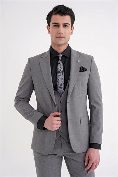 Slim Fit Çift Yırtmaç Ekoseli Esnek Yünlü Yelekli Klasik Füme Takım Elbise TK 934