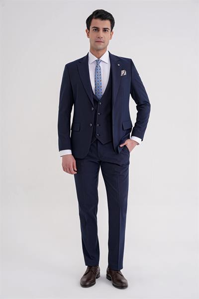 Slim Fit Çift Yırtmaç Ekoseli Esnek Yünlü Yelekli Klasik Lacivert Takım Elbise TK 934