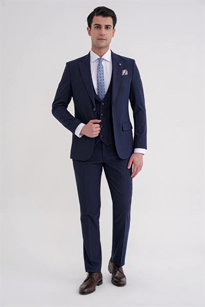 Slim Fit Çift Yırtmaç Ekoseli Esnek Yünlü Yelekli Klasik Lacivert Takım Elbise TK 934