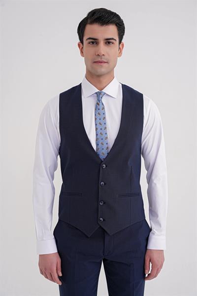 Slim Fit Çift Yırtmaç Ekoseli Esnek Yünlü Yelekli Klasik Lacivert Takım Elbise TK 934
