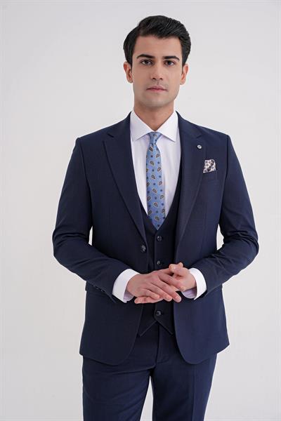 Slim Fit Çift Yırtmaç Ekoseli Esnek Yünlü Yelekli Klasik Lacivert Takım Elbise TK 934