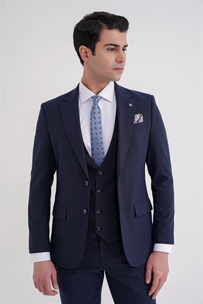 Slim Fit Çift Yırtmaç Ekoseli Esnek Yünlü Yelekli Klasik Lacivert Takım Elbise TK 934