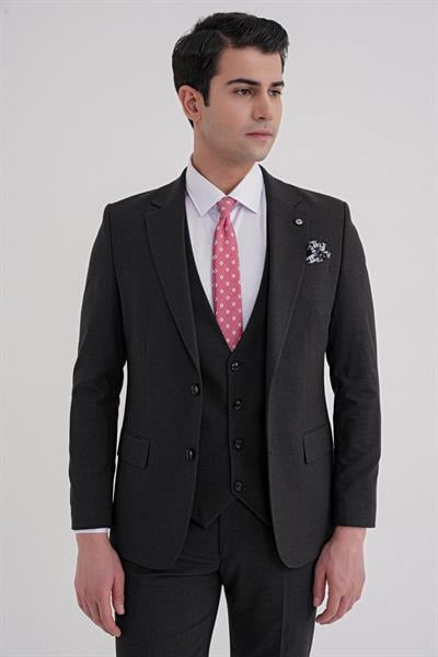 Slim Fit Çift Yırtmaç Ekoseli Esnek Yünlü Yelekli Klasik Siyah Takım Elbise TK 934