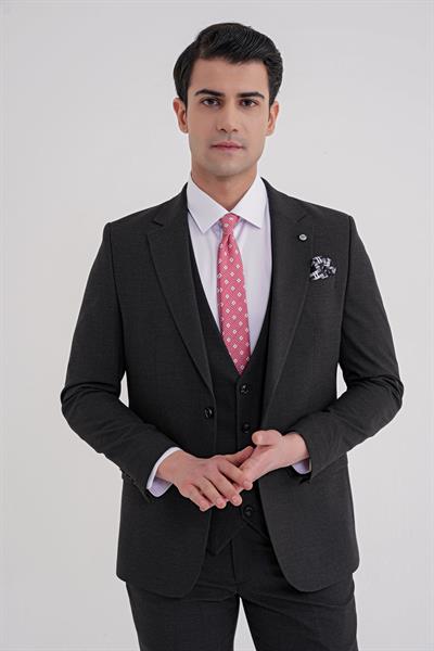 Slim Fit Çift Yırtmaç Ekoseli Esnek Yünlü Yelekli Klasik Siyah Takım Elbise TK 934
