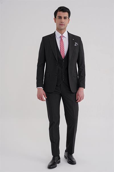 Slim Fit Çift Yırtmaç Ekoseli Esnek Yünlü Yelekli Klasik Siyah Takım Elbise TK 934