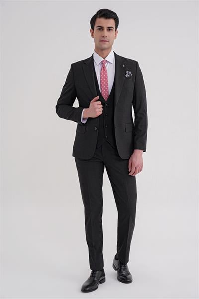 Slim Fit Çift Yırtmaç Ekoseli Esnek Yünlü Yelekli Klasik Siyah Takım Elbise TK 934