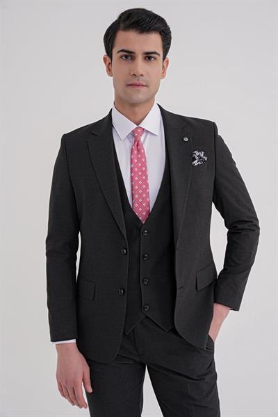 Slim Fit Çift Yırtmaç Ekoseli Esnek Yünlü Yelekli Klasik Siyah Takım Elbise TK 934