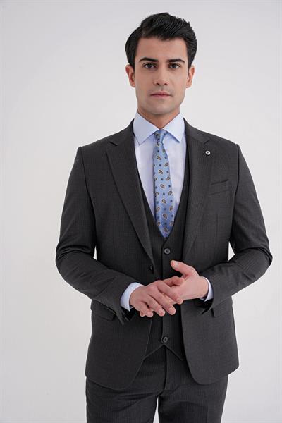 Slim Fit Çift Yırtmaç Çizgili Esnek Yünlü Antrasit Yelekli Klasik Takım Elbise TK 935