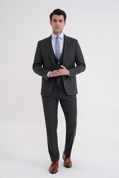 Slim Fit Çift Yırtmaç Çizgili Esnek Yünlü Antrasit Yelekli Klasik Takım Elbise TK 935