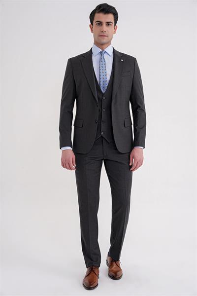 Slim Fit Çift Yırtmaç Çizgili Esnek Yünlü Antrasit Yelekli Klasik Takım Elbise TK 935