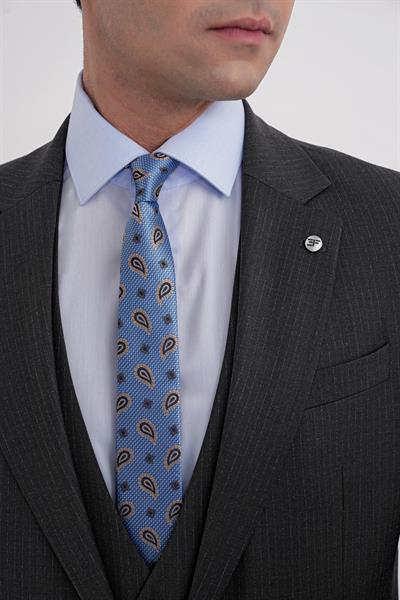 Slim Fit Çift Yırtmaç Çizgili Esnek Yünlü Antrasit Yelekli Klasik Takım Elbise TK 935