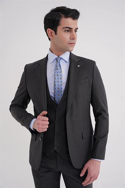 Slim Fit Çift Yırtmaç Çizgili Esnek Yünlü Antrasit Yelekli Klasik Takım Elbise TK 935
