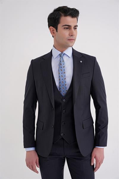 Slim Fit Çift Yırtmaç Çizgili Esnek Yünlü Lacivert Yelekli Klasik Takım Elbise TK 935