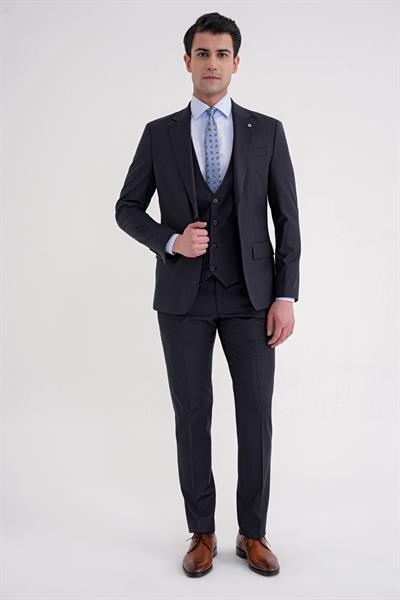Slim Fit Çift Yırtmaç Çizgili Esnek Yünlü Lacivert Yelekli Klasik Takım Elbise TK 935