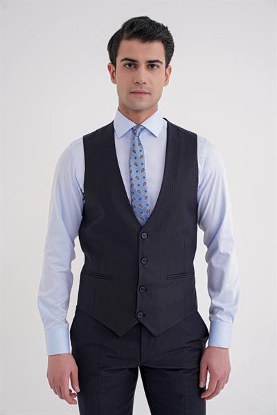 Slim Fit Çift Yırtmaç Çizgili Esnek Yünlü Lacivert Yelekli Klasik Takım Elbise TK 935