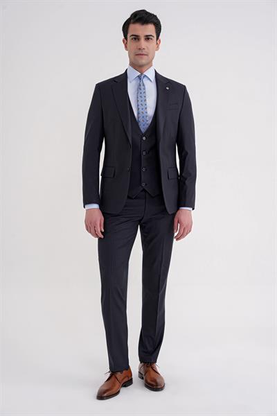 Slim Fit Çift Yırtmaç Çizgili Esnek Yünlü Lacivert Yelekli Klasik Takım Elbise TK 935