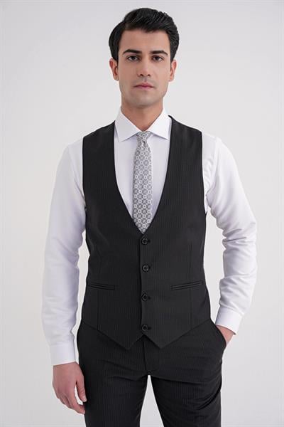 Slim Fit Çift Yırtmaç Çizgili Esnek Yünlü Siyah Yelekli Klasik Takım Elbise TK 935