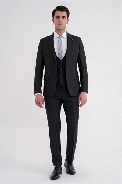 Slim Fit Çift Yırtmaç Çizgili Esnek Yünlü Siyah Yelekli Klasik Takım Elbise TK 935