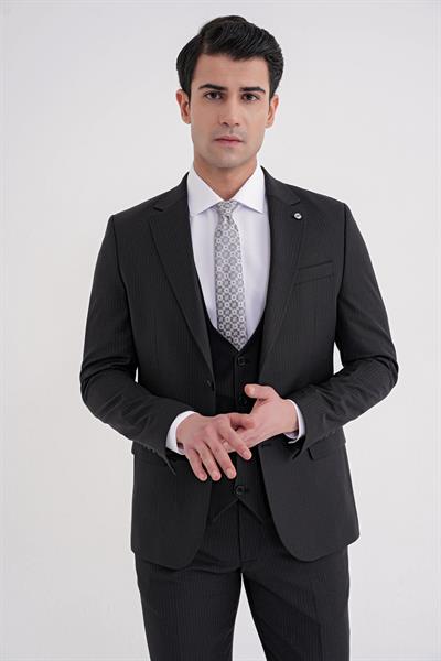 Slim Fit Çift Yırtmaç Çizgili Esnek Yünlü Siyah Yelekli Klasik Takım Elbise TK 935