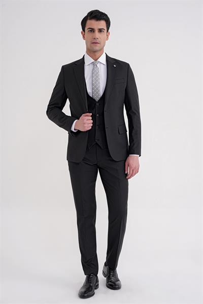 Slim Fit Çift Yırtmaç Çizgili Esnek Yünlü Siyah Yelekli Klasik Takım Elbise TK 935