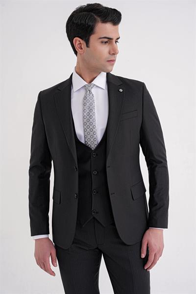 Slim Fit Çift Yırtmaç Çizgili Esnek Yünlü Siyah Yelekli Klasik Takım Elbise TK 935