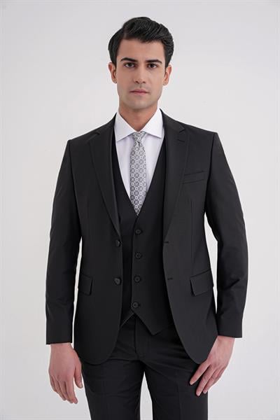 Slim Fit Çift Yırtmaç Dokulu %97 Yün Esnek Siyah Yelekli Klasik Takım Elbise TK 936