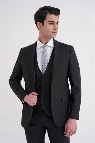 Slim Fit Çift Yırtmaç Dokulu %97 Yün Esnek Siyah Yelekli Klasik Takım Elbise TK 936