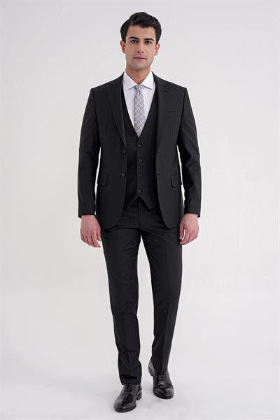 Slim Fit Çift Yırtmaç Dokulu %97 Yün Esnek Siyah Yelekli Klasik Takım Elbise TK 936