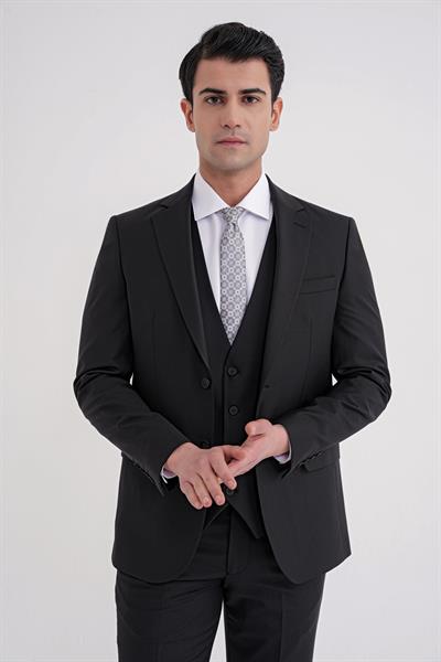 Slim Fit Çift Yırtmaç Dokulu %97 Yün Esnek Siyah Yelekli Klasik Takım Elbise TK 936