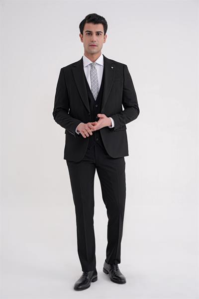 Slim Fit Çift Yırtmaç %97 Yün Esnek Siyah Yelekli Klasik Takım Elbise TK 937
