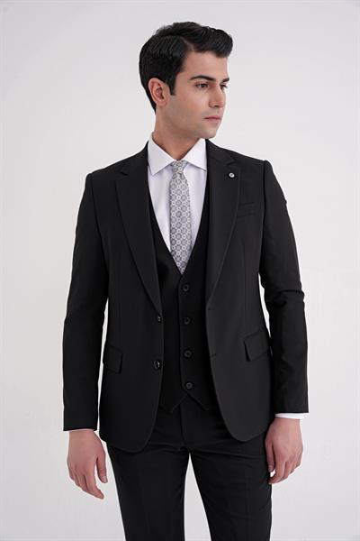 Slim Fit Çift Yırtmaç %97 Yün Esnek Siyah Yelekli Klasik Takım Elbise TK 937