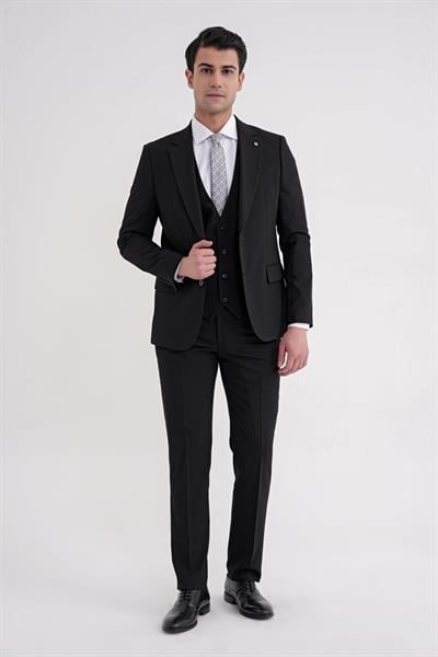 Slim Fit Çift Yırtmaç %97 Yün Esnek Siyah Yelekli Klasik Takım Elbise TK 937