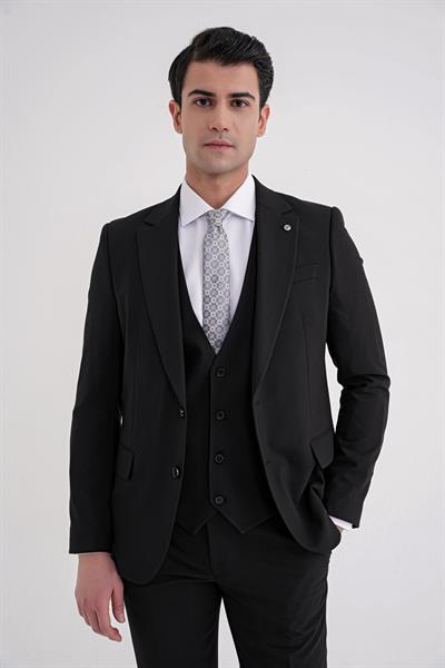 Slim Fit Çift Yırtmaç %97 Yün Esnek Siyah Yelekli Klasik Takım Elbise TK 937