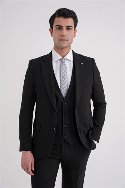 Slim Fit Çift Yırtmaç %97 Yün Esnek Siyah Yelekli Klasik Takım Elbise TK 937