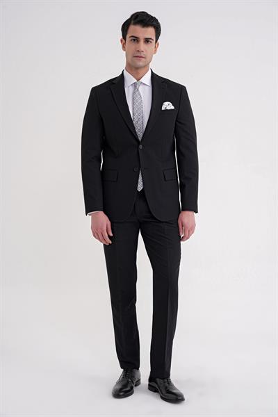 Slim Fit Mono Yaka Çift Yırtmaç Düz Siyah Klasik Takım Elbise TK 938