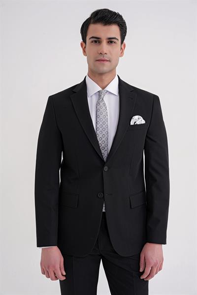 Slim Fit Mono Yaka Çift Yırtmaç Düz Siyah Klasik Takım Elbise TK 938