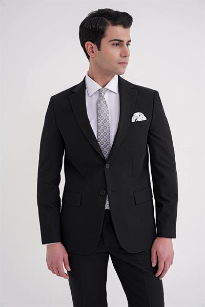 Slim Fit Mono Yaka Çift Yırtmaç Düz Siyah Klasik Takım Elbise TK 938