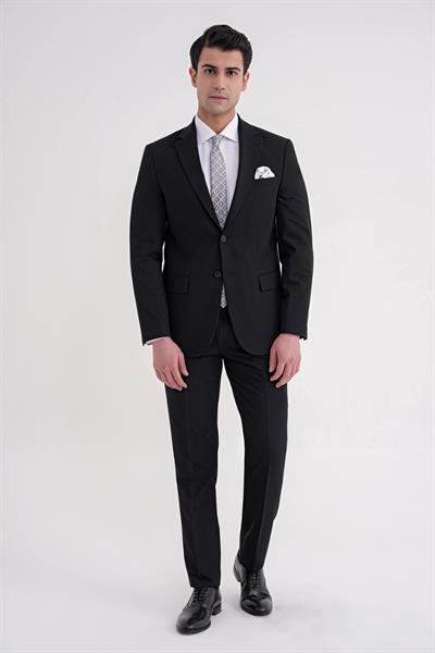 Slim Fit Mono Yaka Çift Yırtmaç Düz Siyah Klasik Takım Elbise TK 938