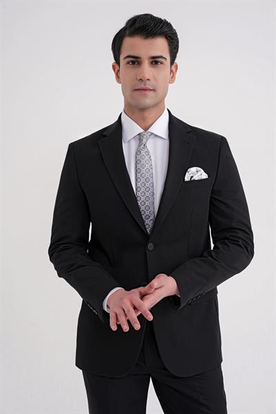 Slim Fit Mono Yaka Çift Yırtmaç Düz Siyah Klasik Takım Elbise TK 938