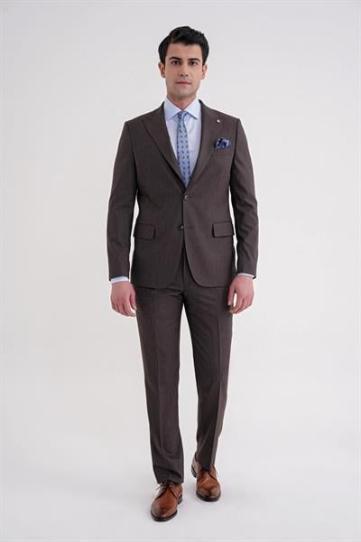 Slim Fit Çift Yırtmaç Sivri Yaka Esnek Kahverengi  Klasik Takım Elbise TK 939